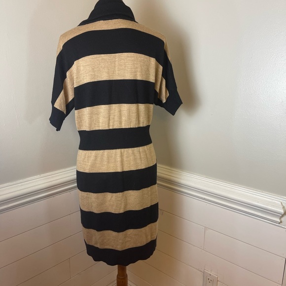 Loft Black & Tan Striped Cowl Neck Merino Wool Blend Sweater Dress L FREE SHIP - Picture 3 of 5